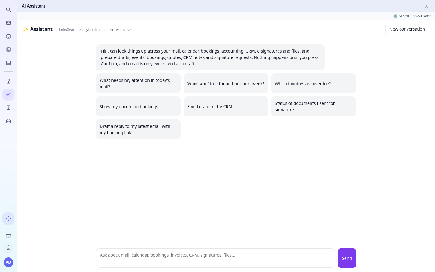 The AI Assistant home screen with suggested questions