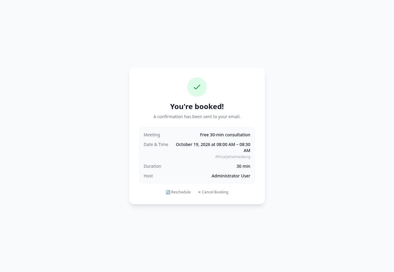The confirmation screen. The customer can reschedule or cancel from here or from the email.