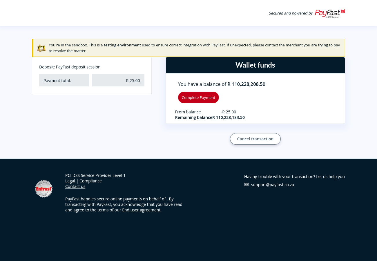 PayFast payment page (sandbox shown)