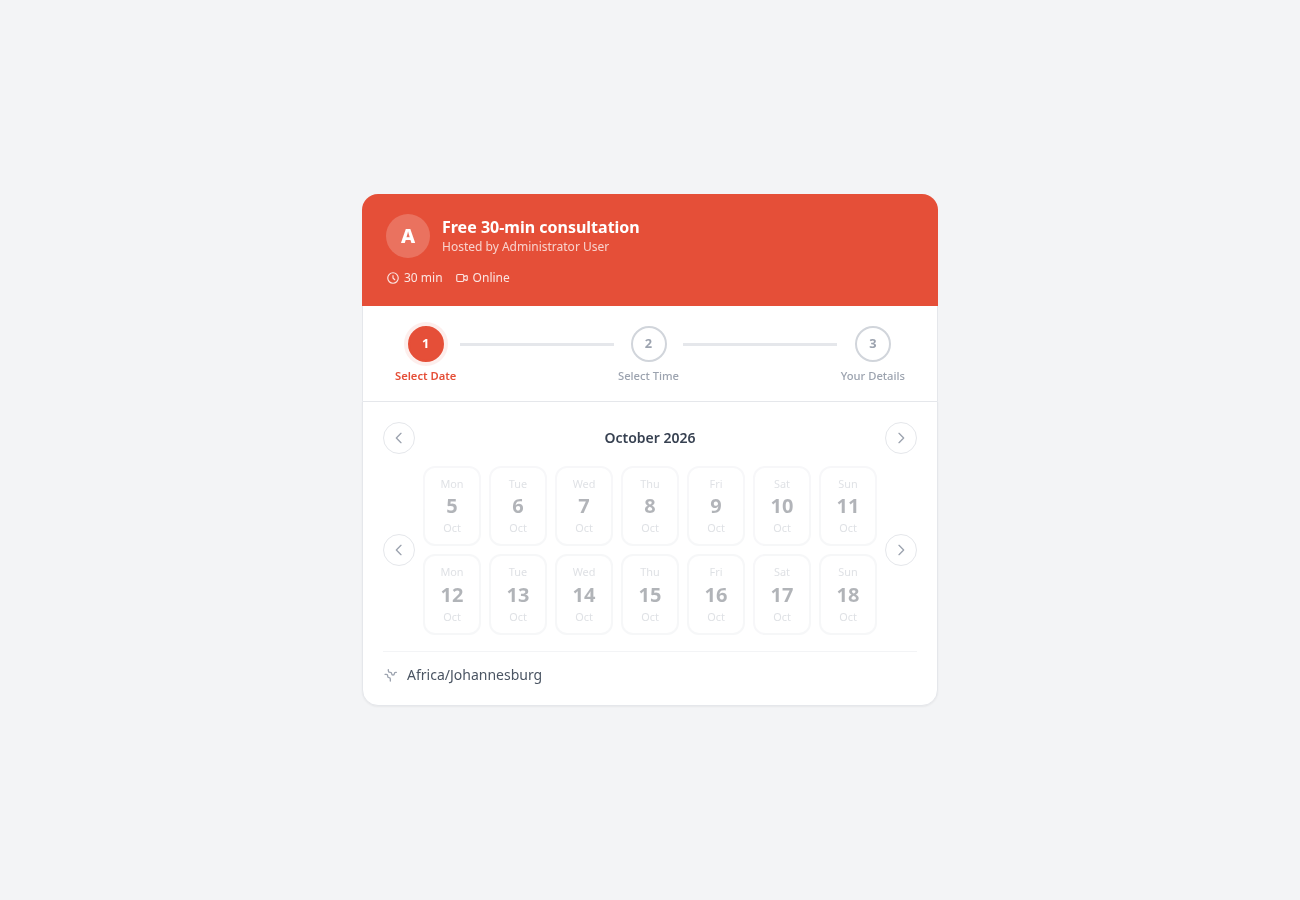 A public booking page: pick a date, a time, then enter details