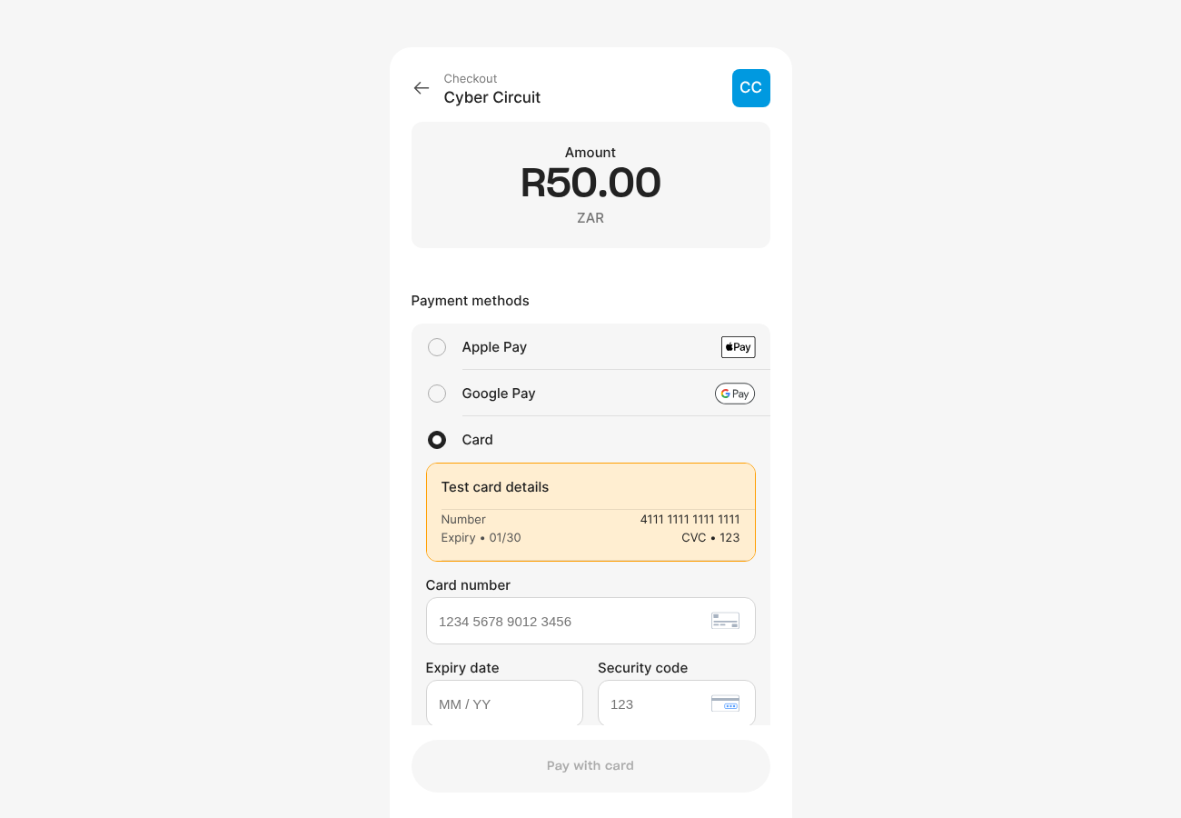 Yoco checkout (test mode shown)