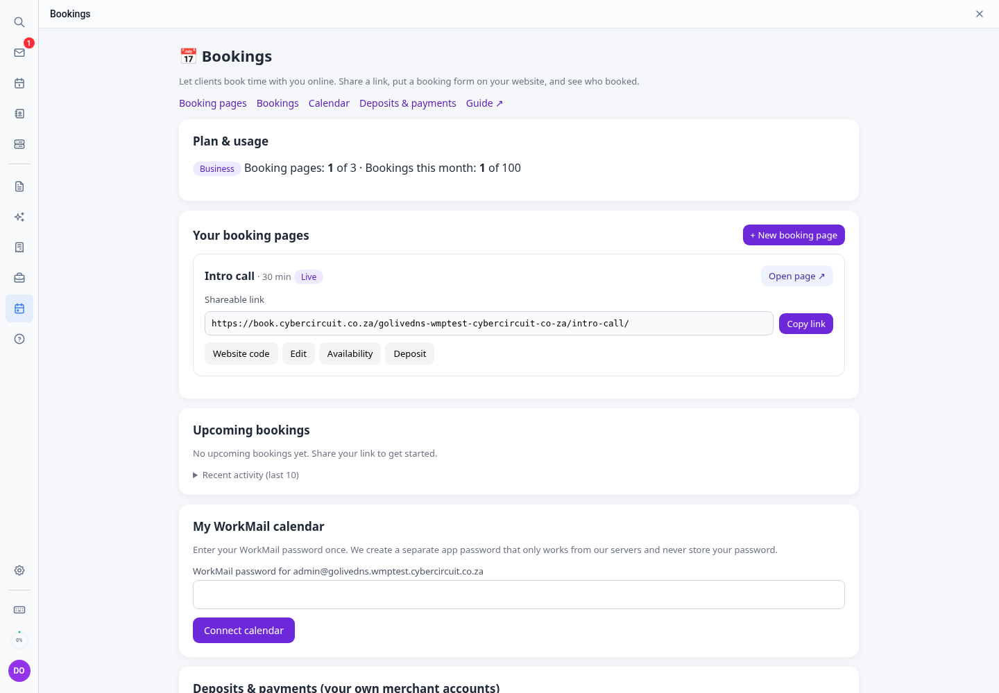 Bookings: plan usage and your booking pages, each with its link and Copy button