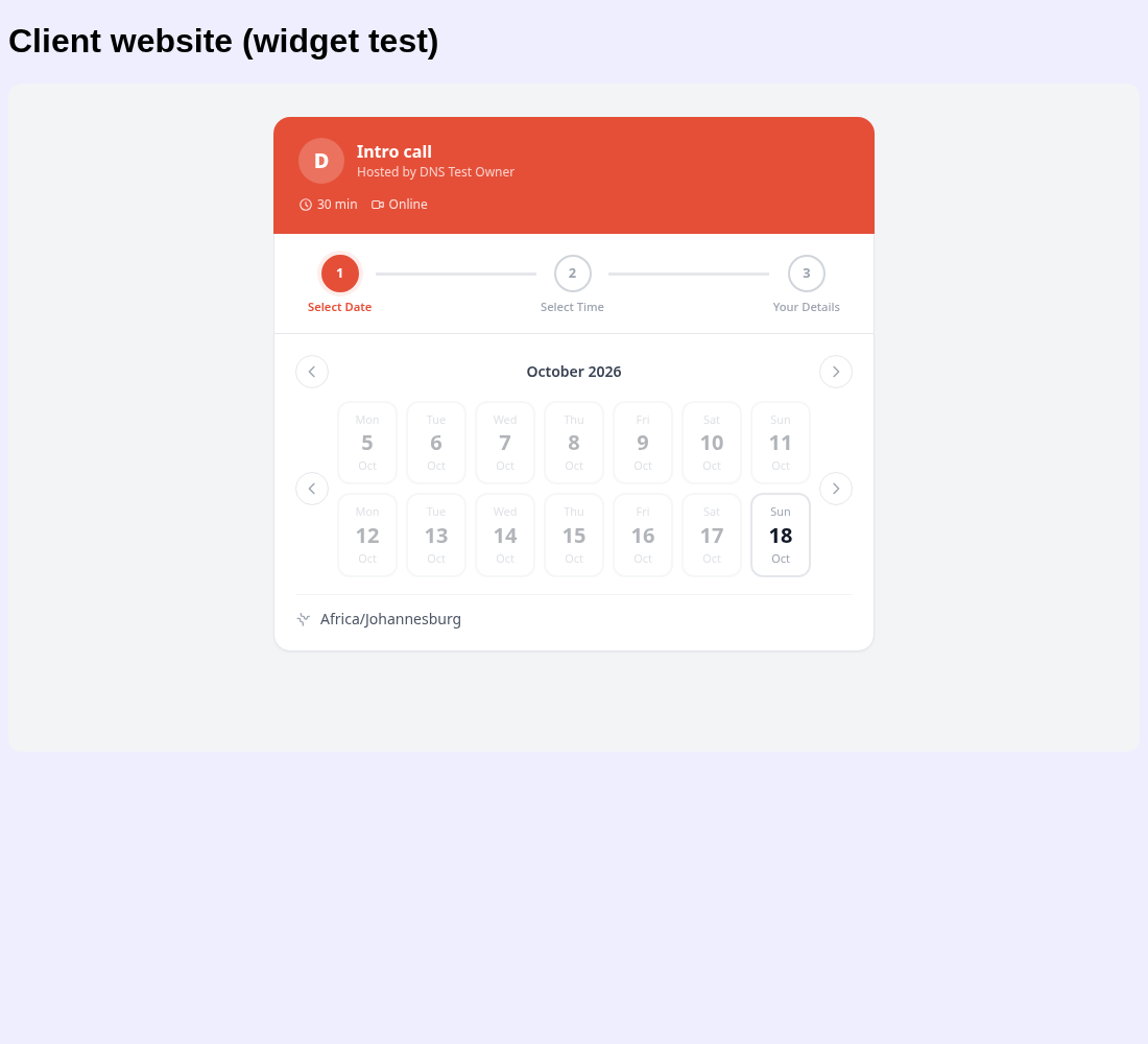 The booking form embedded on a website