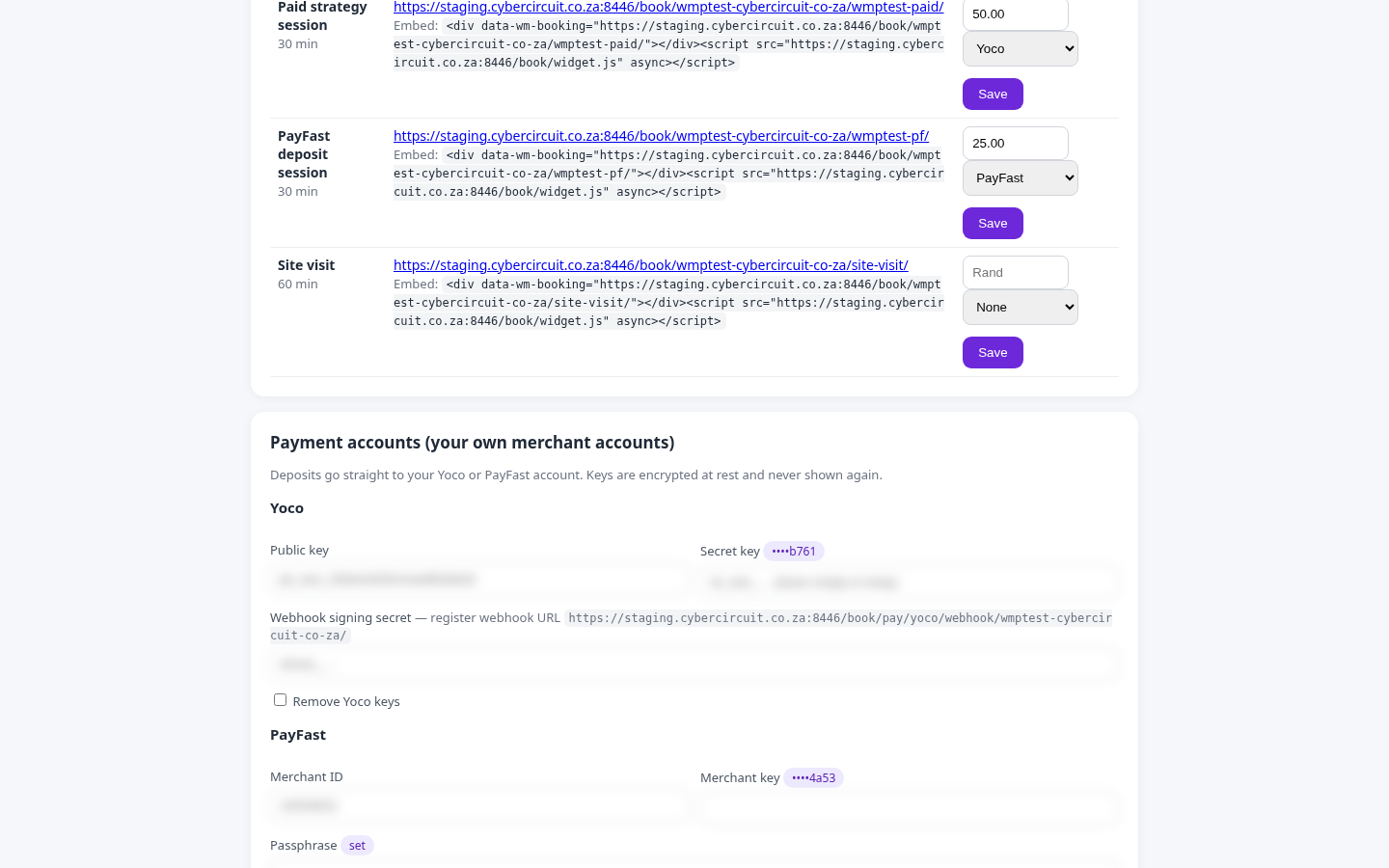Payment accounts (keys are hidden in this screenshot)