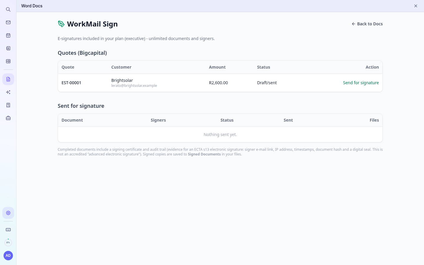 The Sign page: quotes ready to send and documents sent for signature