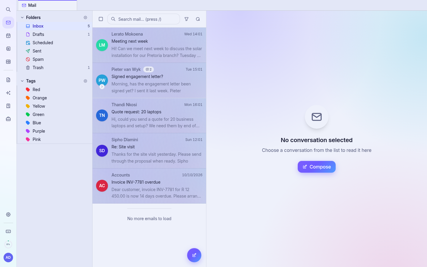 Your inbox after signing in. The left rail opens Mail, Calendar, Contacts, Files, Docs, AI Assistant, Accounting, CRM, Guides and Settings.
