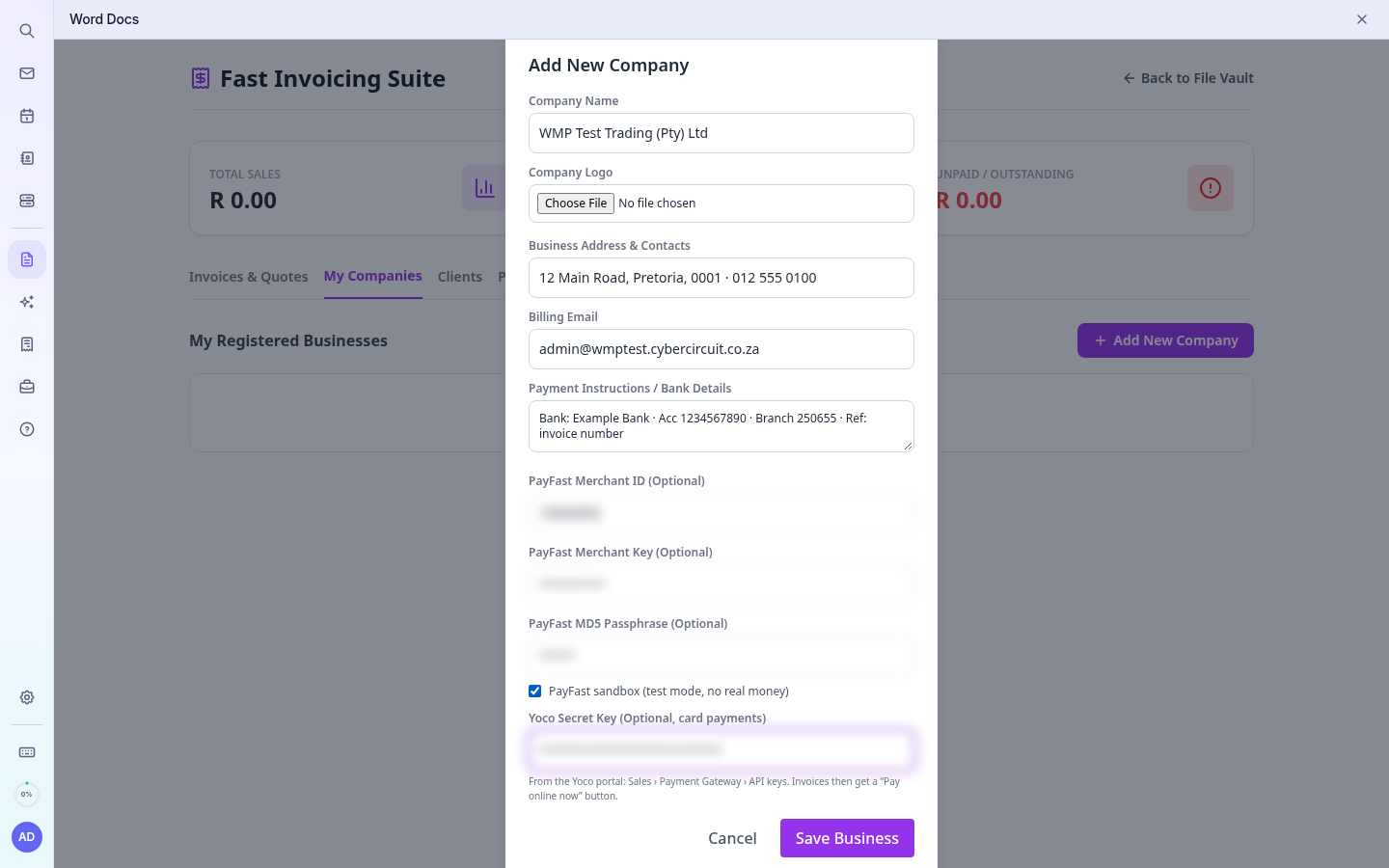 Company details (payment keys hidden)