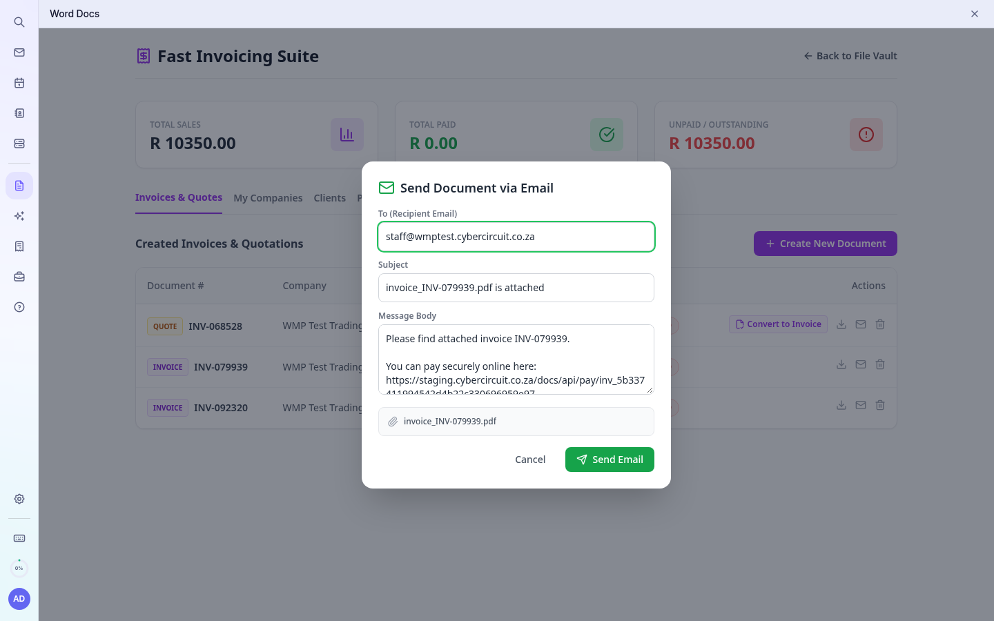 Emailing an invoice with its pay link