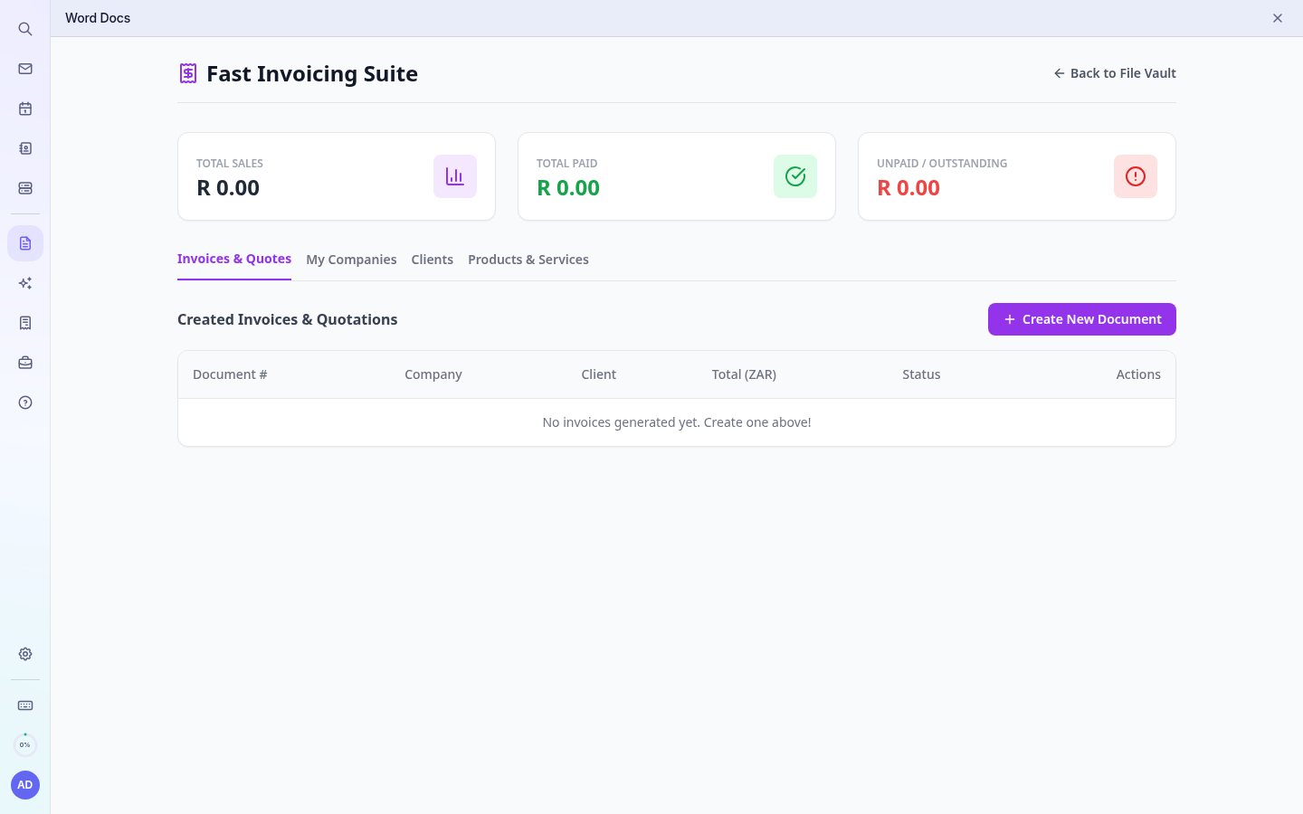 Invoicing home with totals and tabs