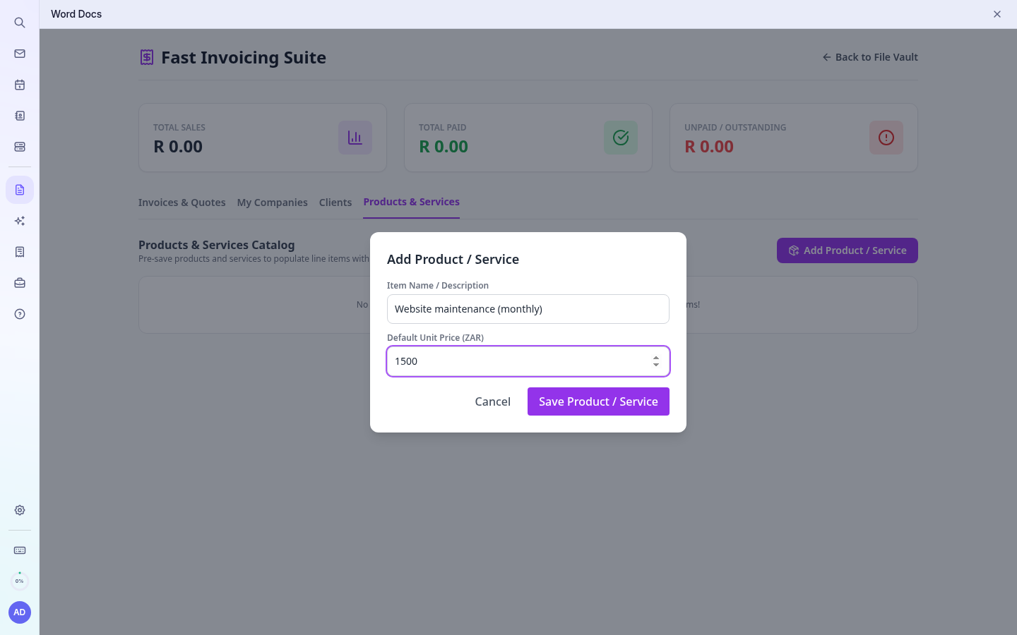 Adding a product or service