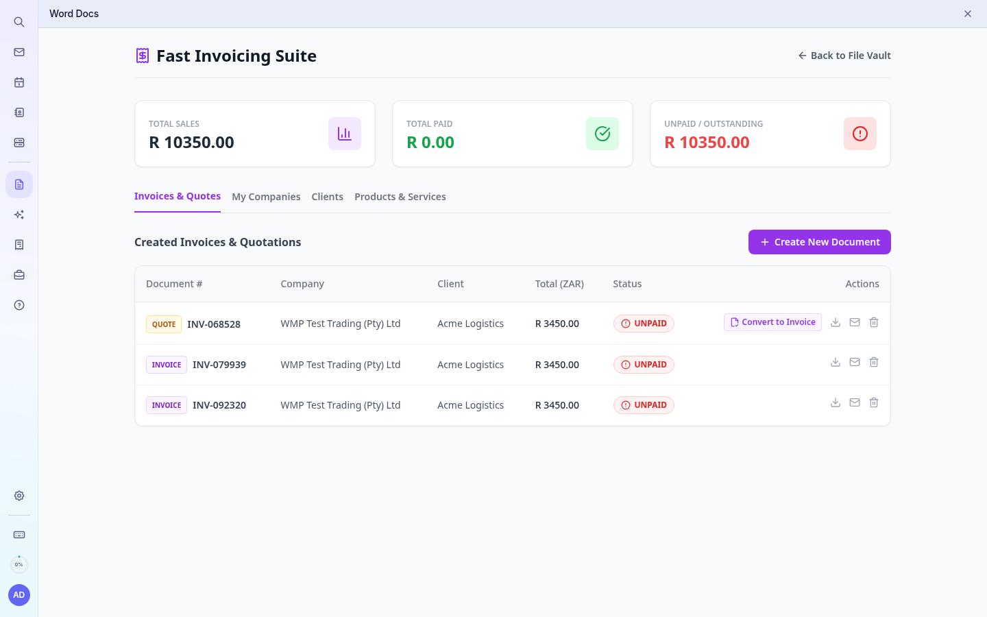 Quotes and invoices list