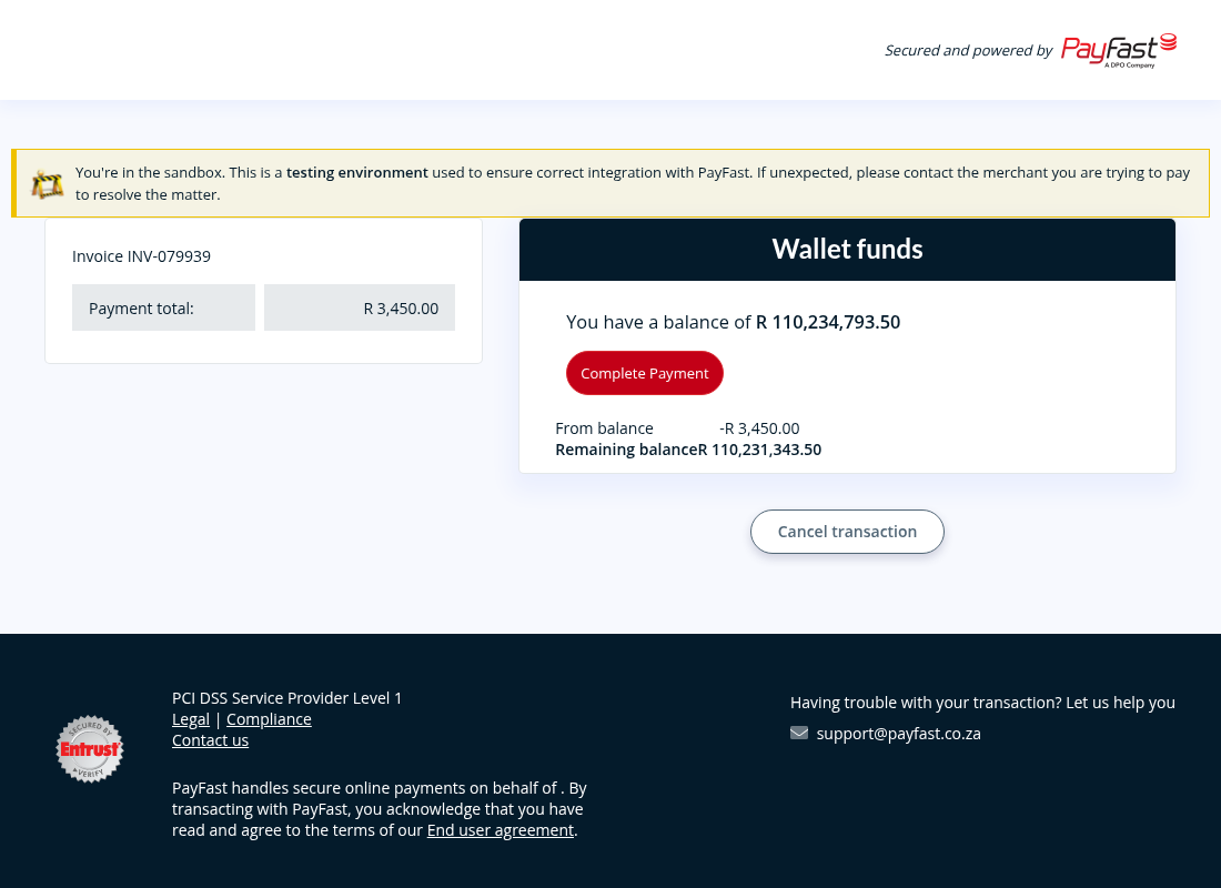 PayFast payment page (sandbox shown)