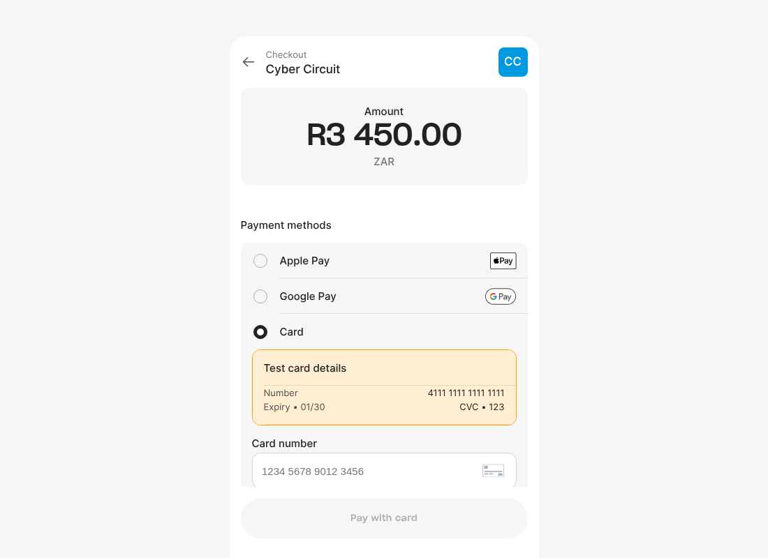 Yoco card checkout (test mode shown)