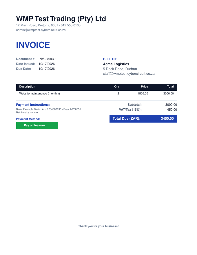 The invoice PDF with the Pay online now button