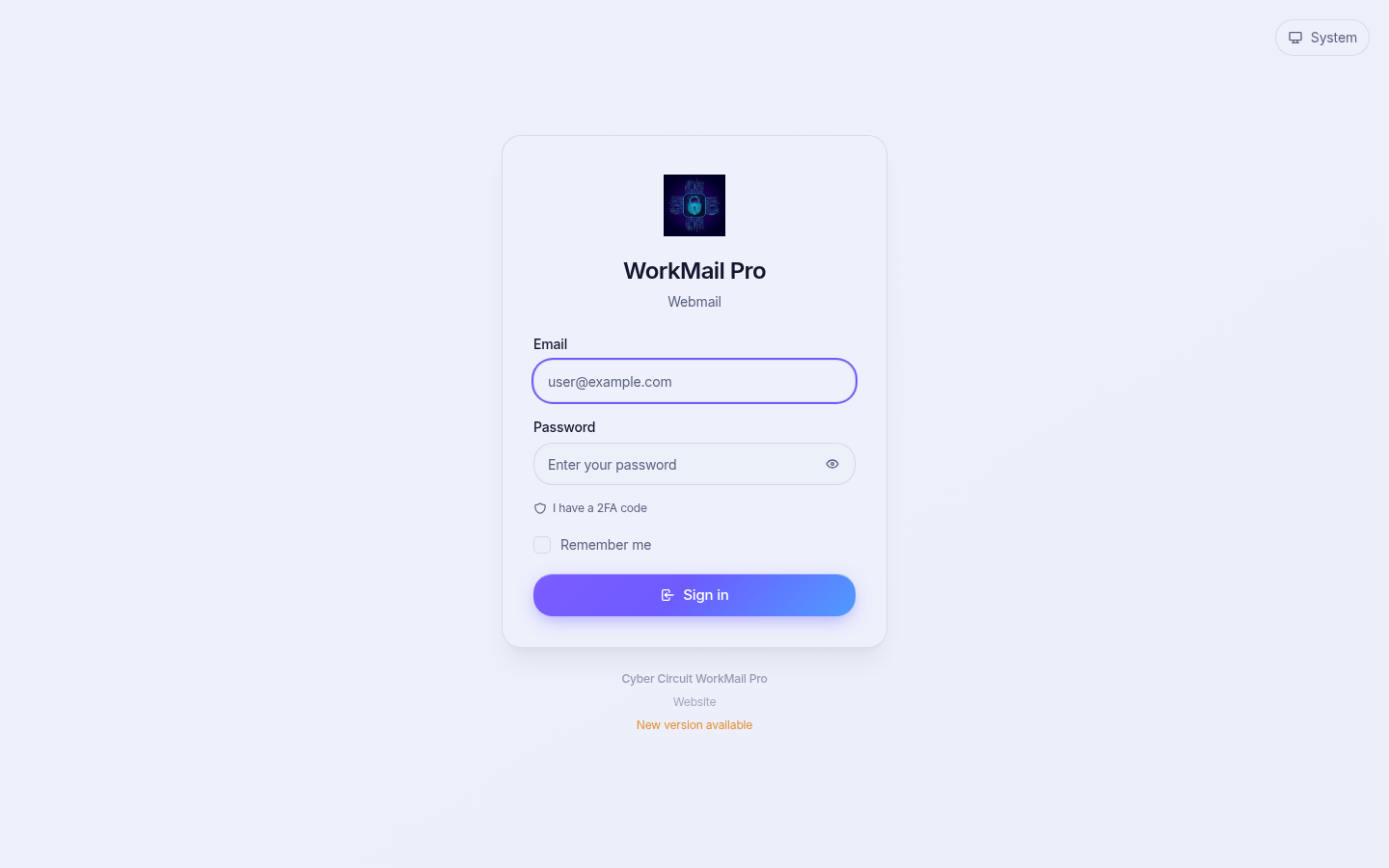 The WorkMail Pro sign-in page