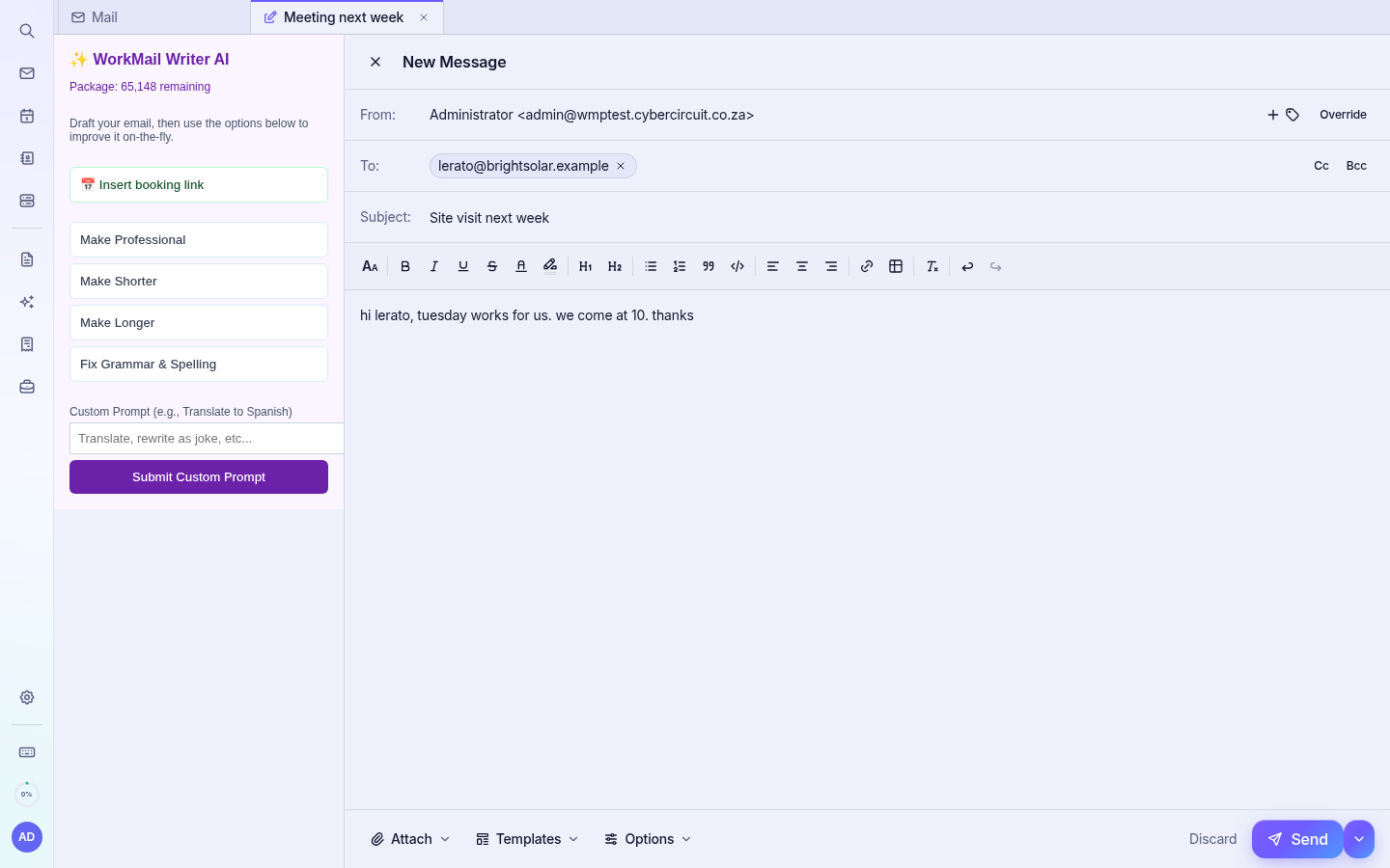 The compose window, with the AI Writing Assistant on the left.