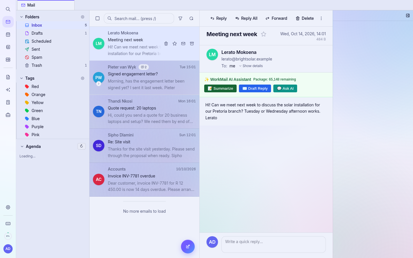 Reading an email. Reply, Reply All and Forward are at the top.