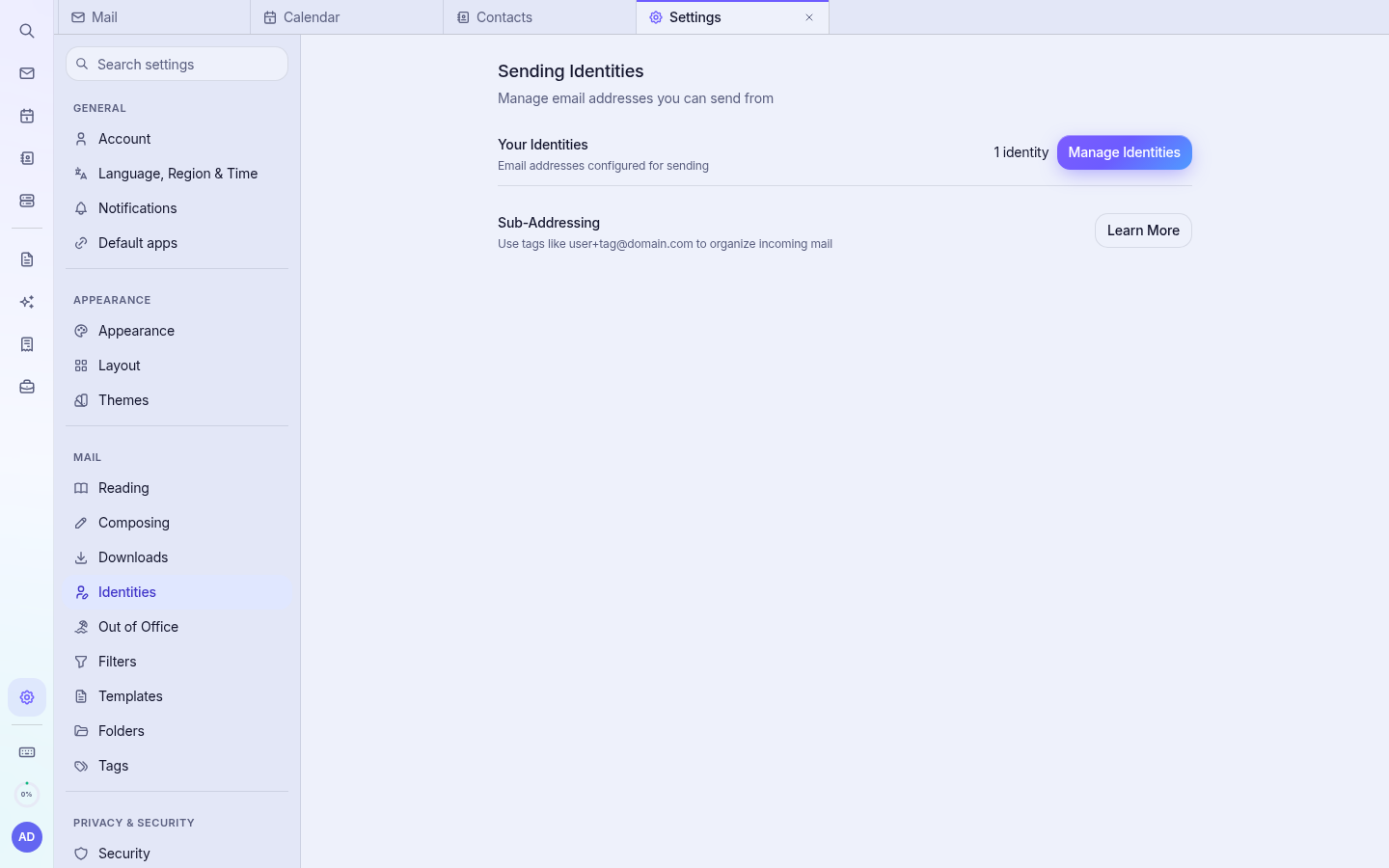 Settings › Identities: display name and signature