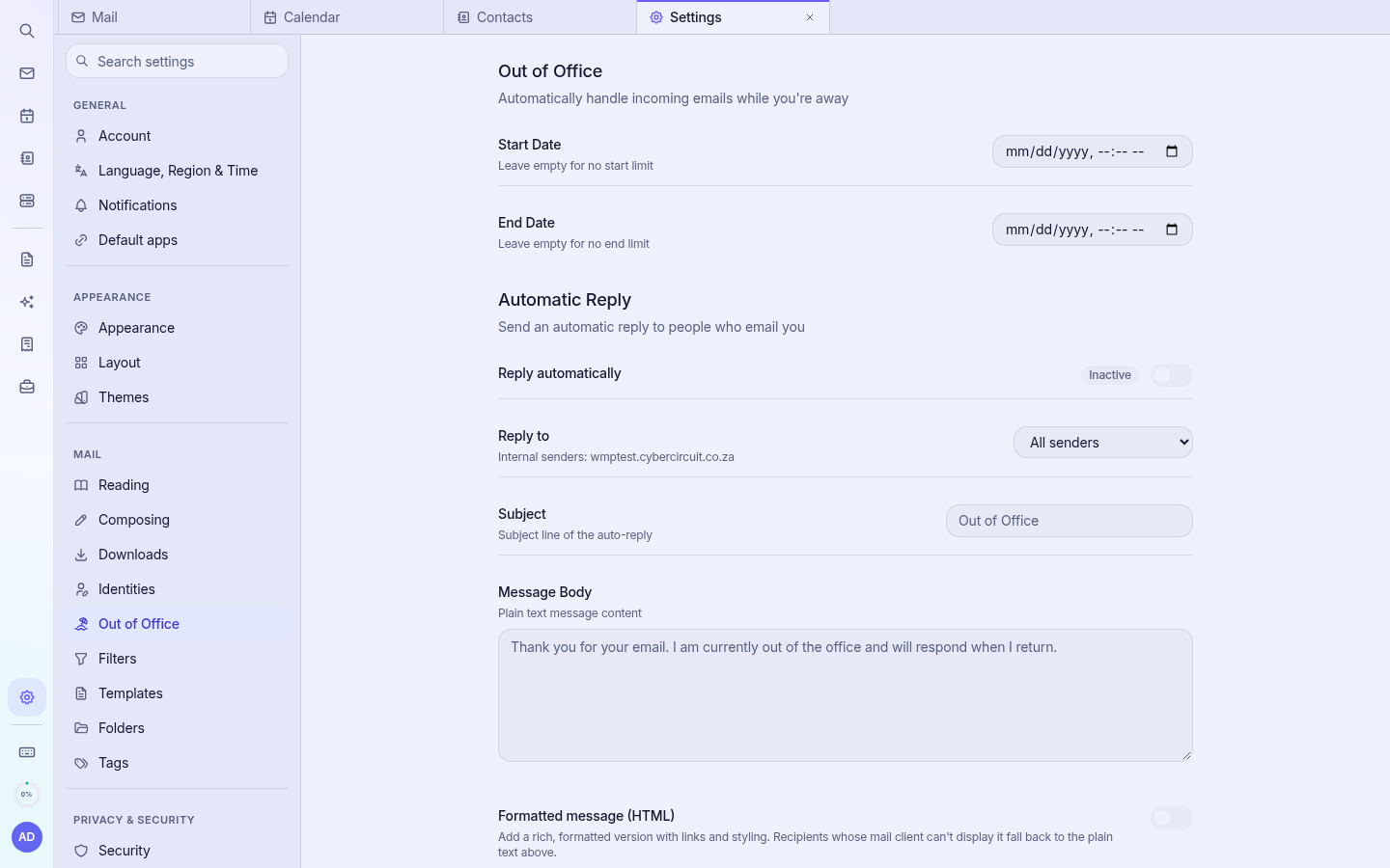Settings › Out of Office