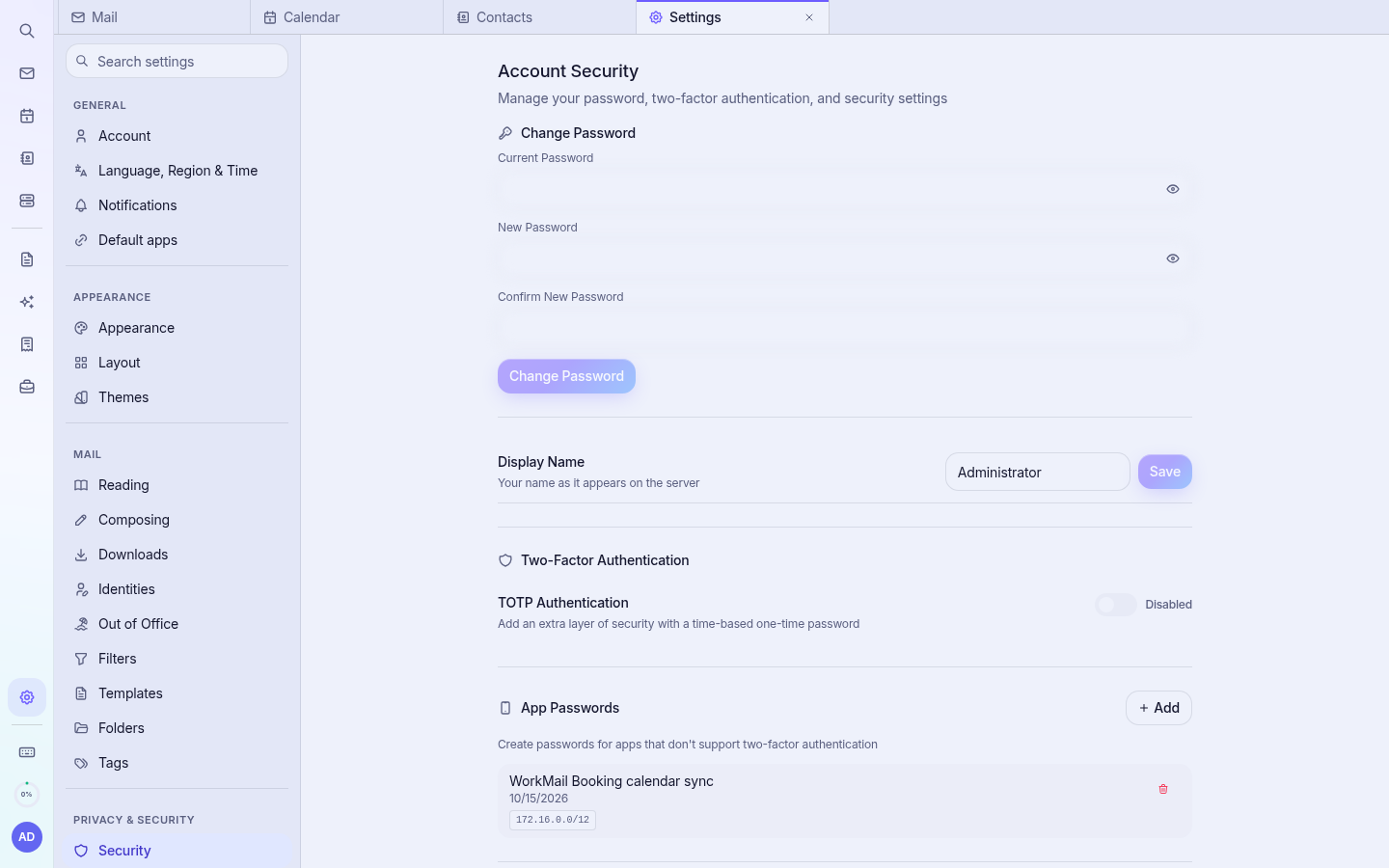 Settings › Security: password, two-factor and app passwords